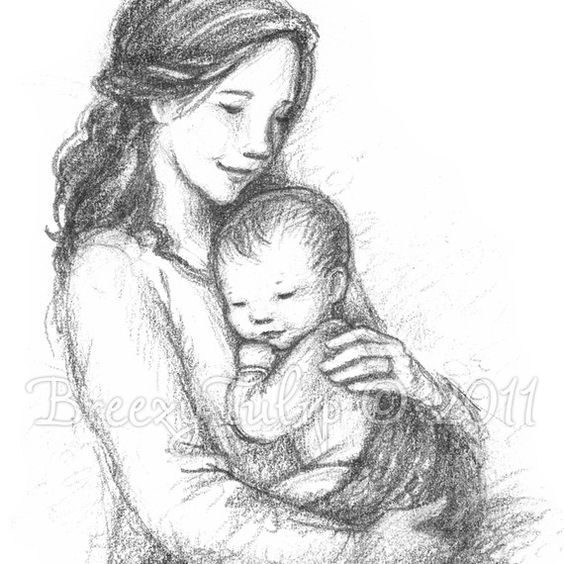 a drawing of a woman holding a baby