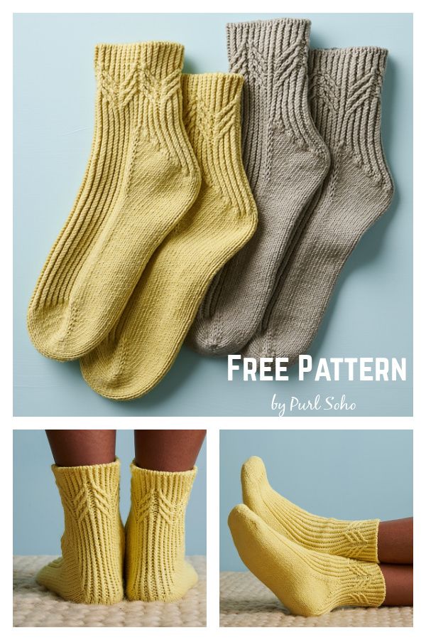 three pairs of socks with the words free pattern on them and two pictures of their legs