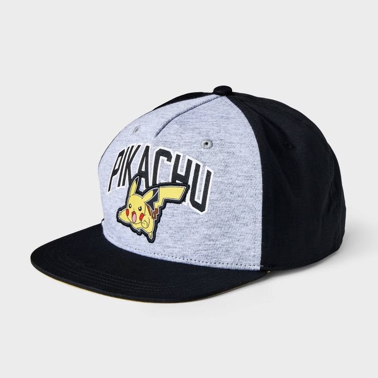 For a cool, comfortable look, your child will love sporting this Pokémon Pikachu Flat Brim Hat. Made from midweight fabric for comfortable wear, this baseball hat is designed with a flat brim to shield their eyes from direct sun rays. Best of all, it features an adjustable back snap closure to help them find the best fit. Featuring a colorblock design with a black rim and back panels, it features a Pikachu print on a gray front panel for a fan-favorite look. Playful Snapback Baseball Cap For Outdoor, Playful Snapback Baseball Cap For Sports, Fun Black Snapback Hat For Outdoor, Playful Snapback Baseball Cap For Streetwear, Fun Black Hat For Sports, Black Fun Sports Hat, Playful Sports Baseball Cap, Playful Adjustable Hat For Streetwear, Fun Black Sports Hat