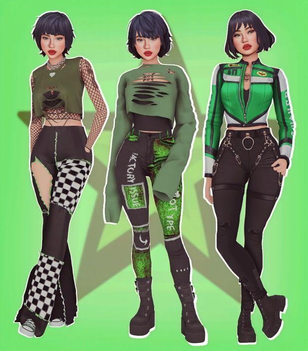 three women in green and black outfits with checkered tights, one wearing high heeled boots