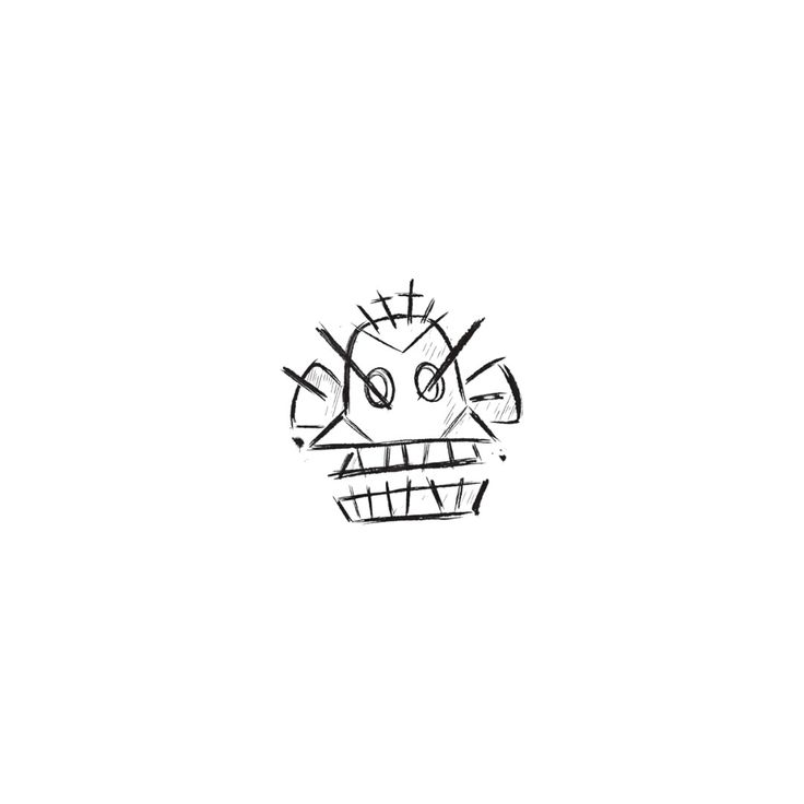 a black and white drawing of an evil looking face on a white background with the word,