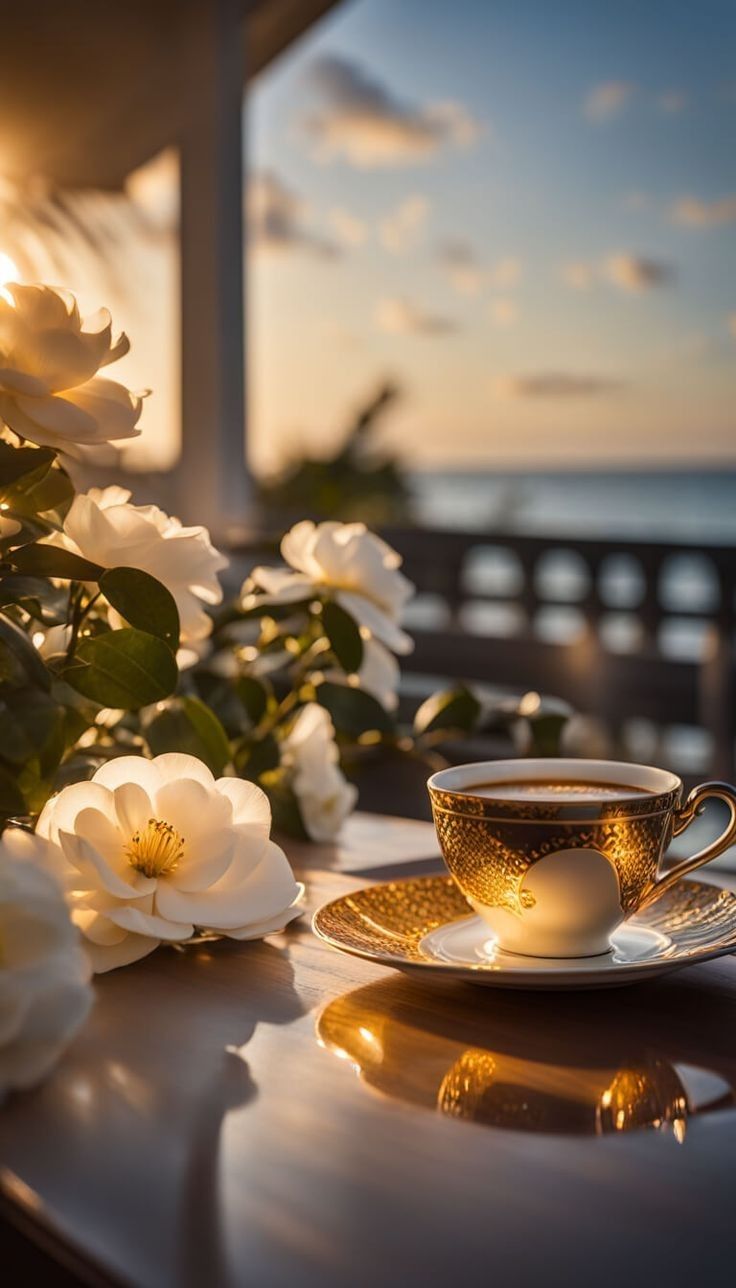 a cup of coffee sitting on top of a saucer next to white flowers with the ocean in the background