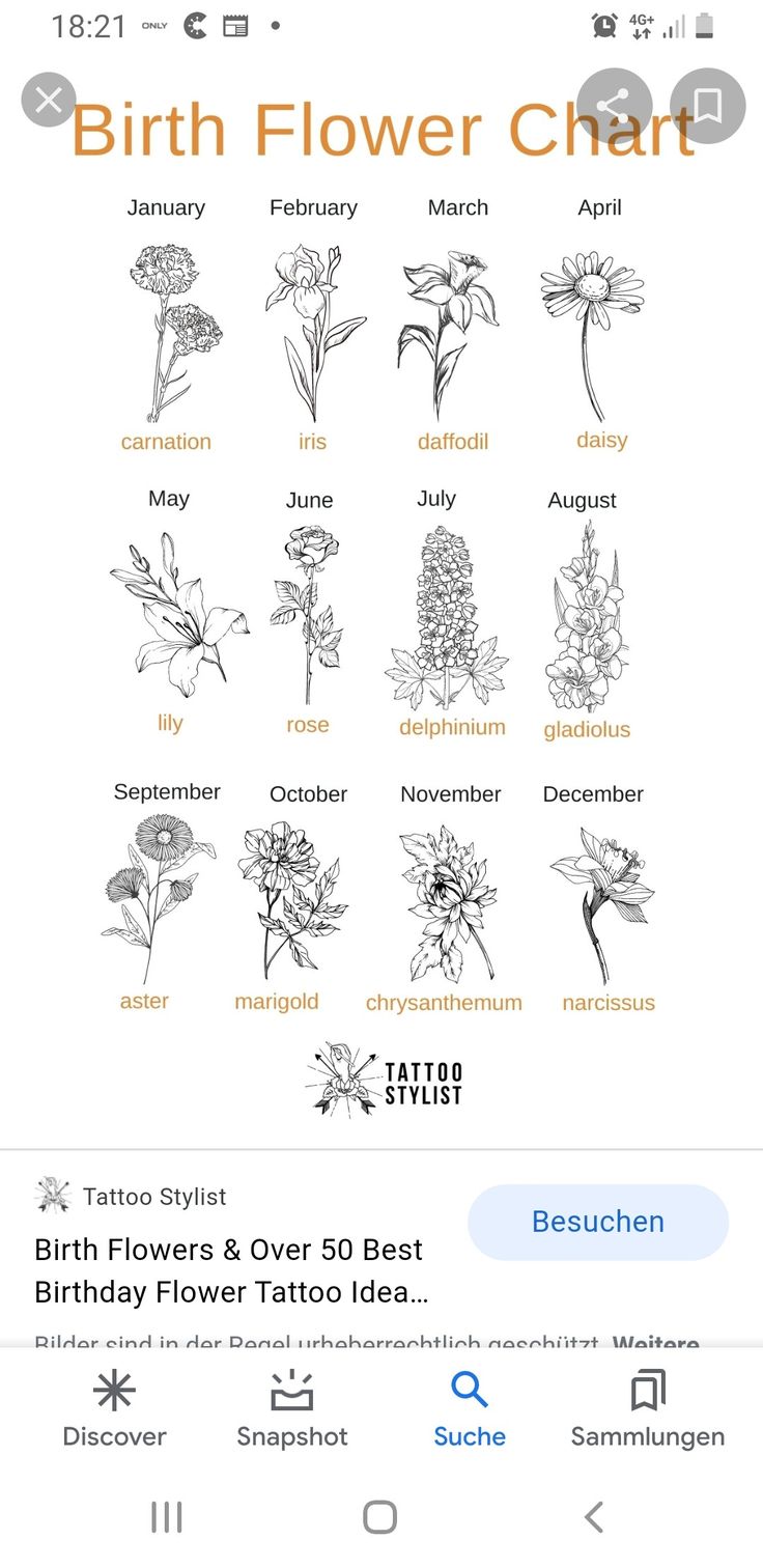 the birth flower chart is displayed on an iphone screen, with other flowers and names below it