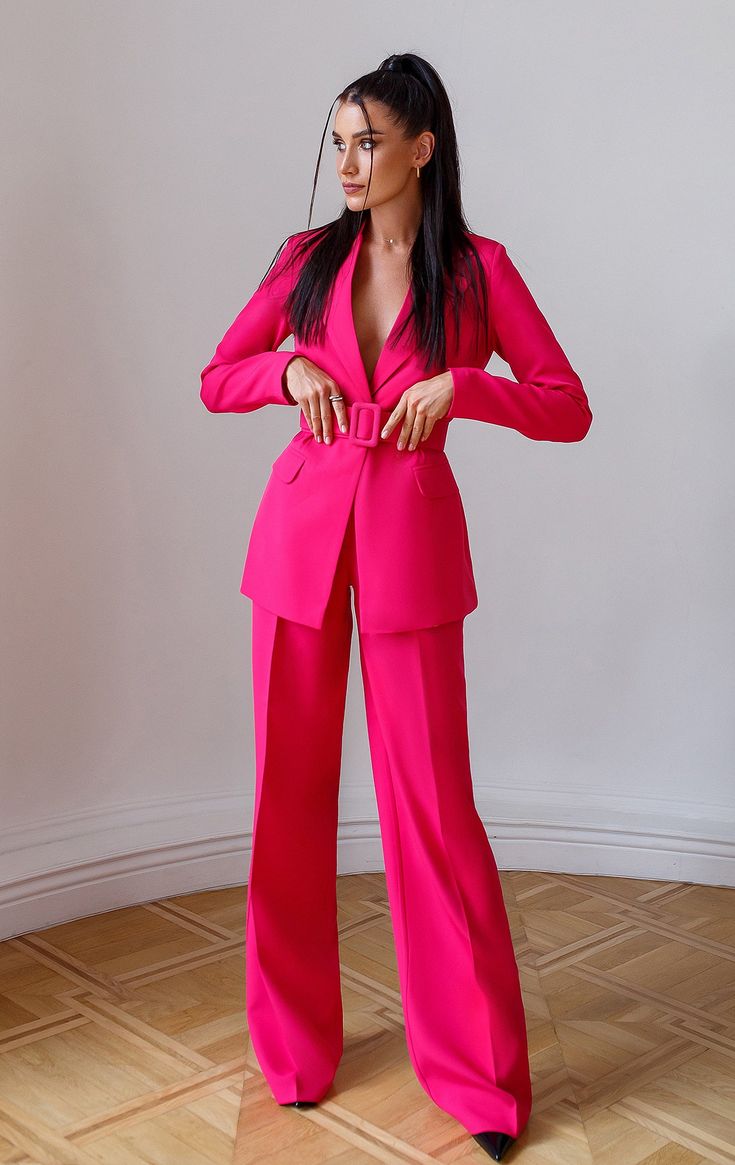 Fabric: High-quality suiting fabric Composition: Cotton 65%, Polyester 35% Blazer length: 70 cm/ 27.5in Sleeve length: 63cm/ 24,8in Pants length (inseam): 91 cm/ 35,8in Included: Blazer, pants, belt Pink Pants Suit, Pink Pant Suit, Dark Pink Suits Women, Pink Suit Outfit, Pink Pant Suit For Women, Women’s Power Suit, Pink Suit Women, Pink Pantsuit, Pink Suits