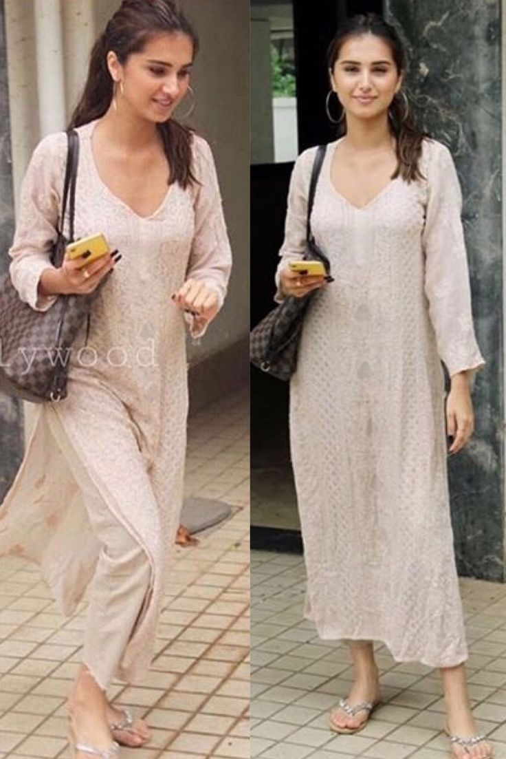 Tara Sutaria Kurta, Minimal Kurti Design, Casual Indian Suits, Minimal Kurti, Kurta Outfits Women Casual, Chikenkari Dress Ideas Kurti, Minimal Dress Casual, Casual Ethnic Outfits, Chikankari Suits Design