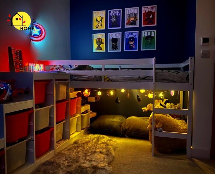 there is a bunk bed in the room with lights on it and a dog sleeping underneath