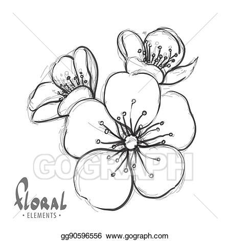 black and white drawing of flowers with the word floral elements on it's side