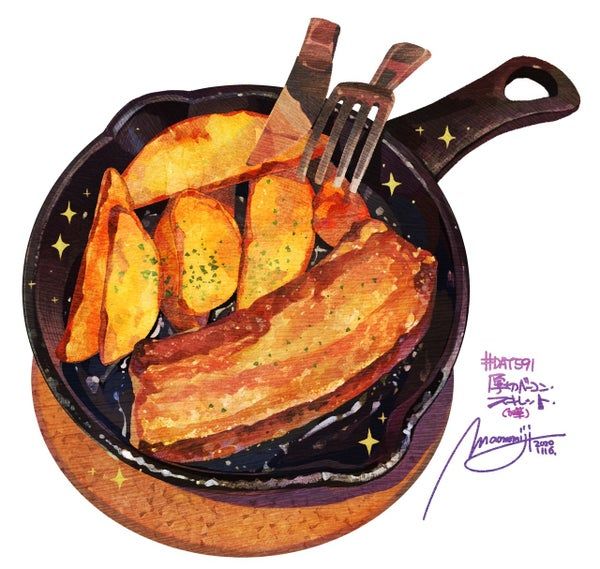 a painting of bacon and potatoes in a frying pan with tongs on the side