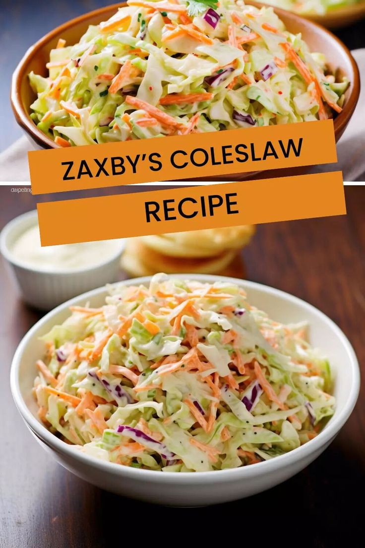 two bowls filled with coleslaw on top of a wooden table