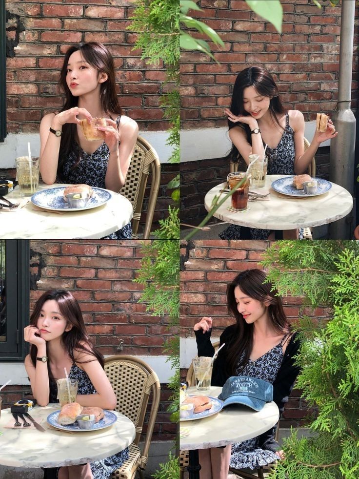 four pictures of a woman sitting at a table with food and drinks in front of her