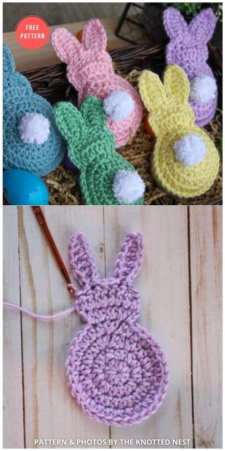 crocheted easter bunnies are shown in three different colors