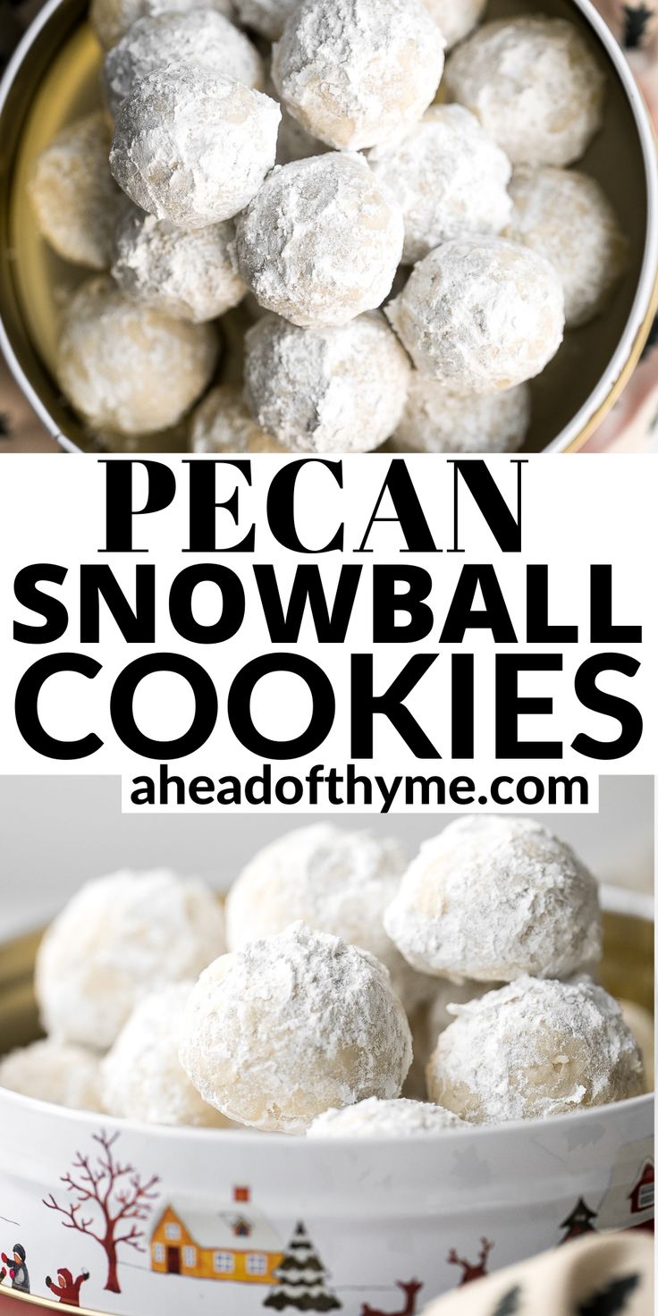 a bowl filled with snowball cookies on top of a table