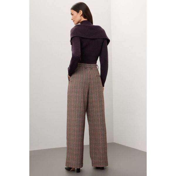 Brown plaid twill (80% Polyester, 20% Wool). Pants. Front zipper fly with button closure. 31" inseam. 15.5" rise. 25" leg opening. Imported. Full Length Dress Pants With Belt Loops For Fall, Plaid Wide Leg Pants For Business Casual, Plaid Full Length Pants For Fall, Office Wide-leg Pants For Fall, Office Pants For Fall Full Length, Plaid Straight Leg Pants For Work, Fall Wide-leg Office Pants, Plaid Pants For Business Casual In Fall, Fall Business Casual Wide Leg Pants With Belt Loops