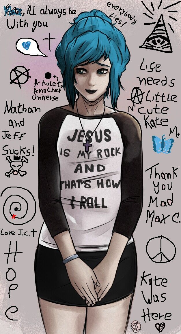 a girl with blue hair and some writing on her shirt that says jesus is rock and what's how i roll