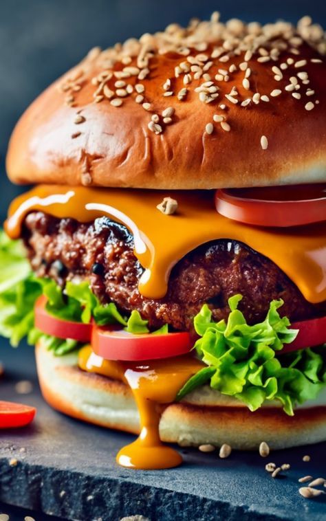 a cheeseburger with lettuce, tomatoes and onions on a black surface