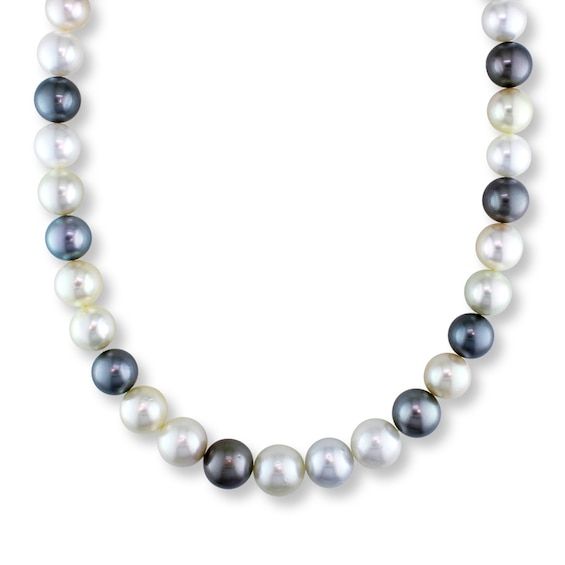 Deep Tahitian cultured pearls and lustrous white South Sea cultured pearls form this stylish 18-inch strand necklace for her. The necklace secures with a 14K yellow gold tongue clasp. Jewelry Education, Jewelry Advice, Jared The Galleria Of Jewelry, Necklace For Her, Cultured Pearl Necklace, Pearl Types, Tahitian Pearls, Freshwater Cultured Pearls, Pearl Size