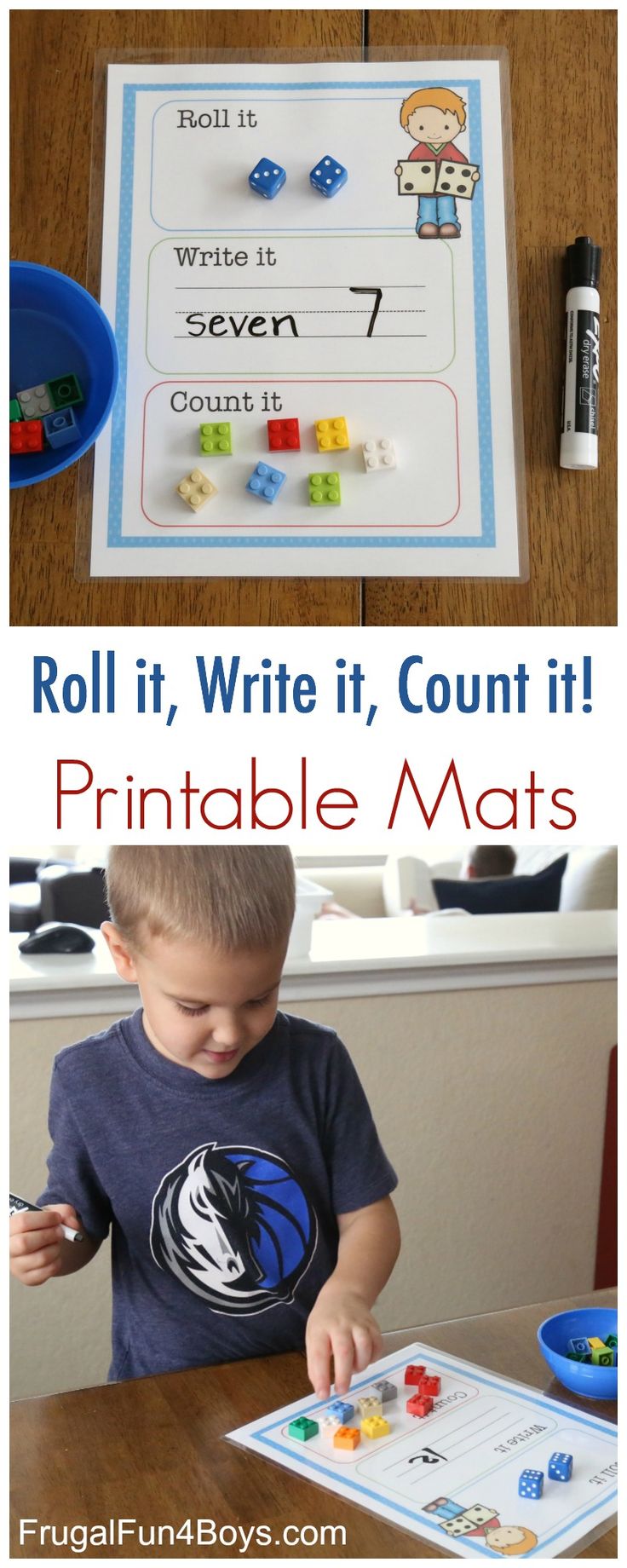 the roll it, write it, count it printable mats for kids to play with