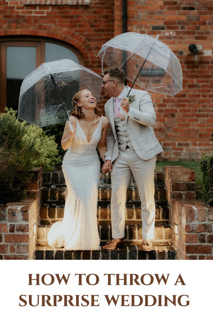 married couple under umbrellas Surprise Wedding Party, How To Throw A Surprise Wedding, How To Plan A Surprise Wedding, Suprise Wedding Party, Planning A Surprise Wedding, Engagement Party Wedding Surprise, Surprise Wedding Announcement, Engagement Party Turned Surprise Wedding, Surprise Wedding Ceremony