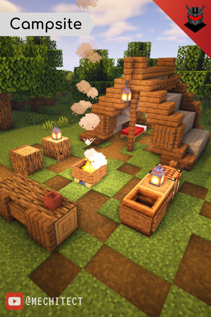 Minecraft Campsite Build, Minecraft Building Ideas Camping, Minecraft Survival World Builds, Campfire Minecraft Build, Minecraft Camp Site Ideas, Things For Minecraft World, How To Make A Tent In Minecraft, Mc Survival Builds, Cute Minecraft Builds Survival