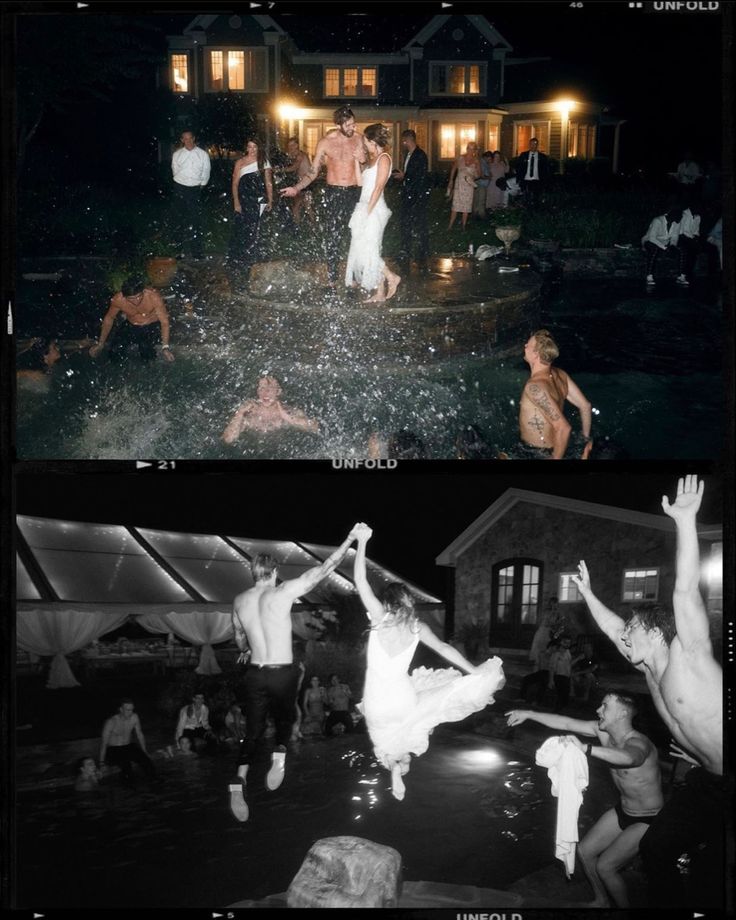 two pictures show people dancing in the water at night and on the dance floor with their hands up