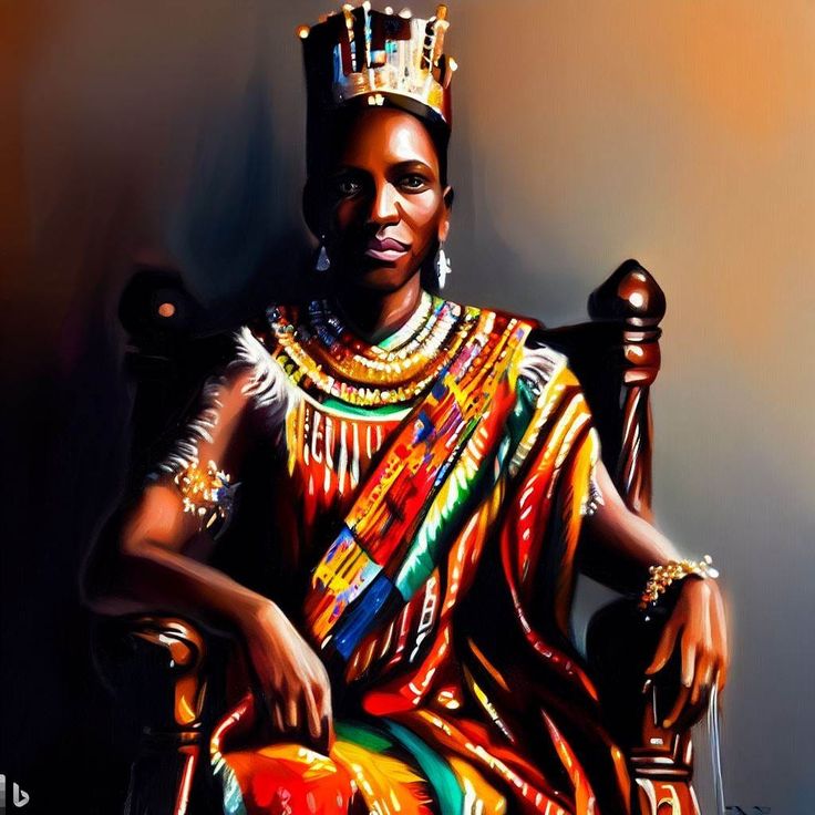 a painting of a woman in a colorful dress and tiara sitting on a chair