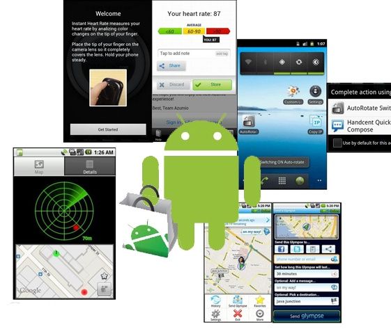 several different cell phones with various screens and icons on them, including an image of a map