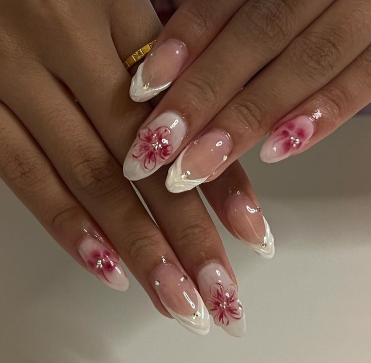 Nail Idea With Flowers, Red Flower Design Nails, Pink Orchid Nails, Jelly Flower Nails, Almond Nails Flowers, Sculpted Flower Nails, Orchid Nails, Lily Nails, Designs For Short Nails