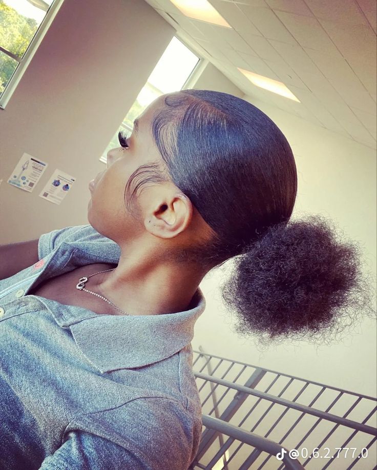 Slick Hairstyles Natural Hair 4c Short, Back Bun Hairstyles Black Women, 3 Part Ponytail Natural Hair, Short Natural Hairstyles 4c, V Part Slick Back Ponytail, Natural Hairstyles 4c, Cute Natural Hairstyles, Natural Hair Bun Styles, Sleek Ponytail Hairstyles