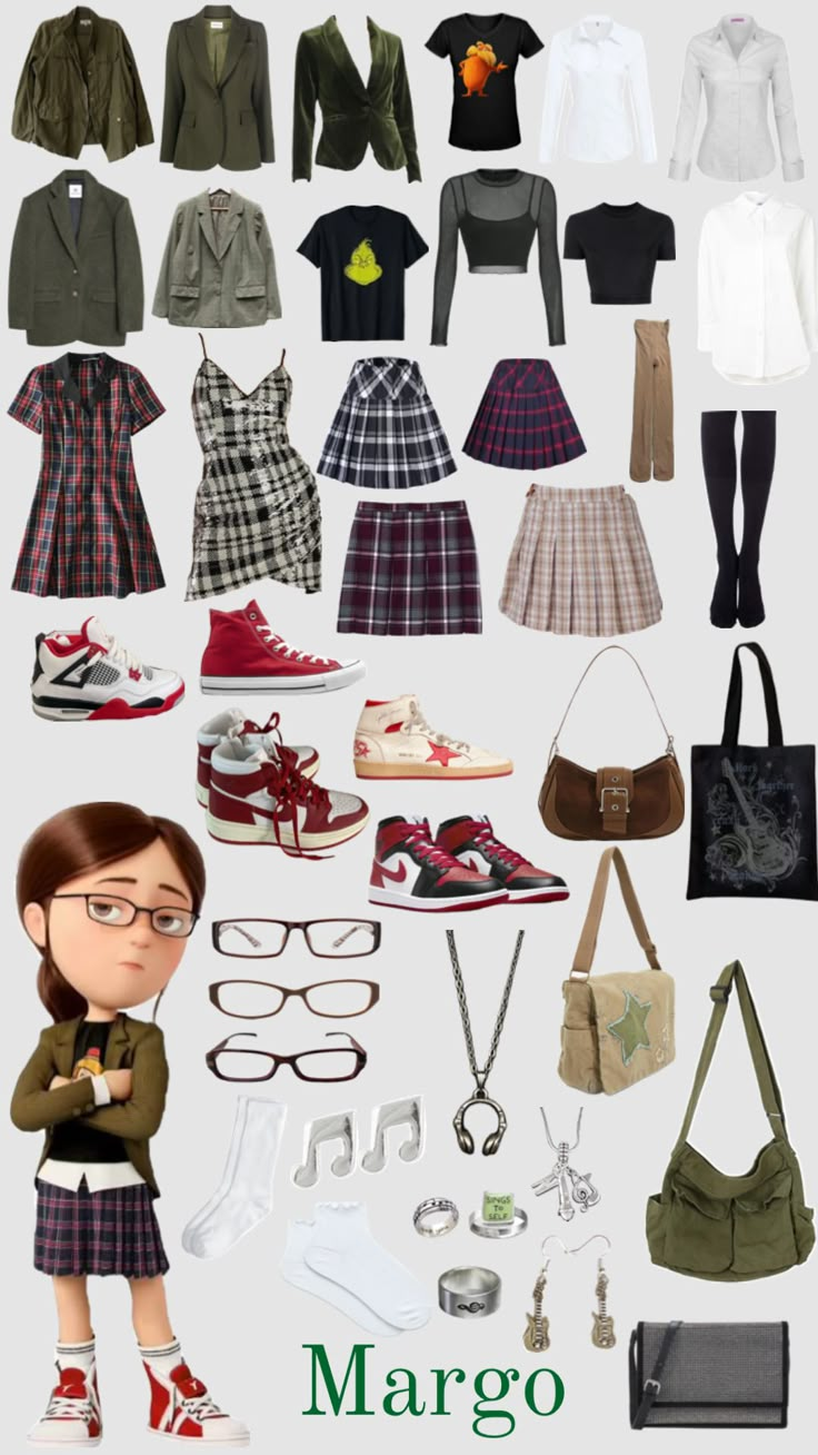 many different types of clothing and accessories are arranged in this image