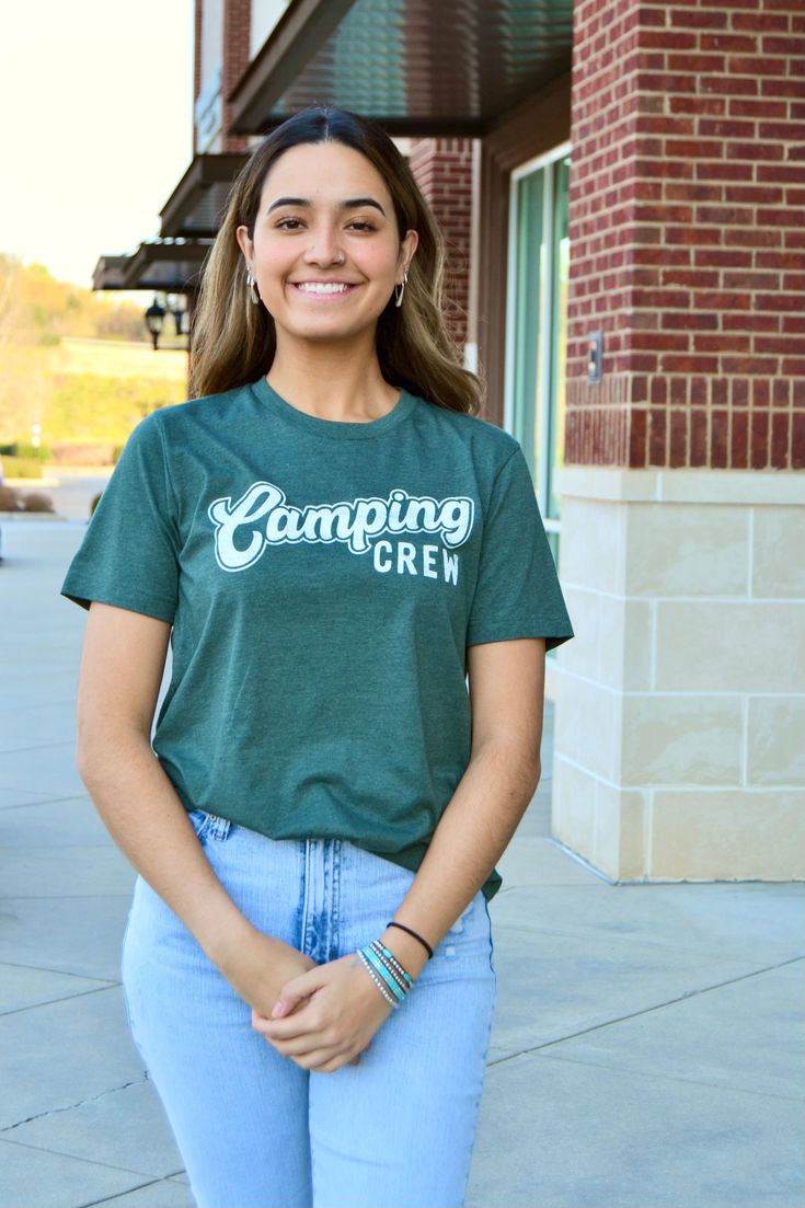 Short sleeve Camping Crew graphic tee in heather forest Sizes S-XL Fabric: 100% premium airlume combed cotton Combed Cotton, Heathers, Graphic Tee, Graphic Tees, Forest, Camping, Fabric