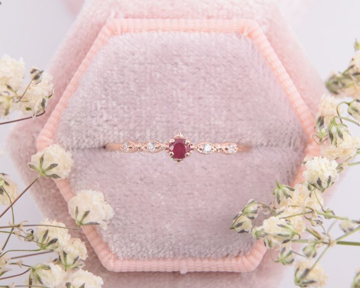 Small & dainty 14k rose gold vintage style art deco ruby promise ring for her, Unique tiny delicate victorian womens ruby engagement ring WE OFFER UNLIMITED PERIOD INSTALLMENTS PLAN This is a beautiful, stunning, feminine ring that works well for all occasions, styles, and ages. You will love it! Ring information: Main stone: Ruby Approximate size: 2.5mm (1 stone) Accent stones: White cubic zirconia Approximate size: 1.25mm (4 stones) Approximate width of Band 1.0mm Metal type: Gold Metal st Dainty 14k Rose Gold Jewelry With Round Cut, Heirloom Style Lab-created Ruby Diamond Ring As Gift, Heirloom Style Lab-created Ruby Diamond Ring Gift, Dainty Ruby Ring With Rose Cut Diamonds For Promise, Dainty 14k Rose Gold Rings, Dainty Ruby Ring With Rose Cut Diamonds, Dainty 14k Rose Gold Promise Ring, Dainty Oval Ruby Ring With Diamonds, Delicate 14k Rose Gold Wedding Jewelry