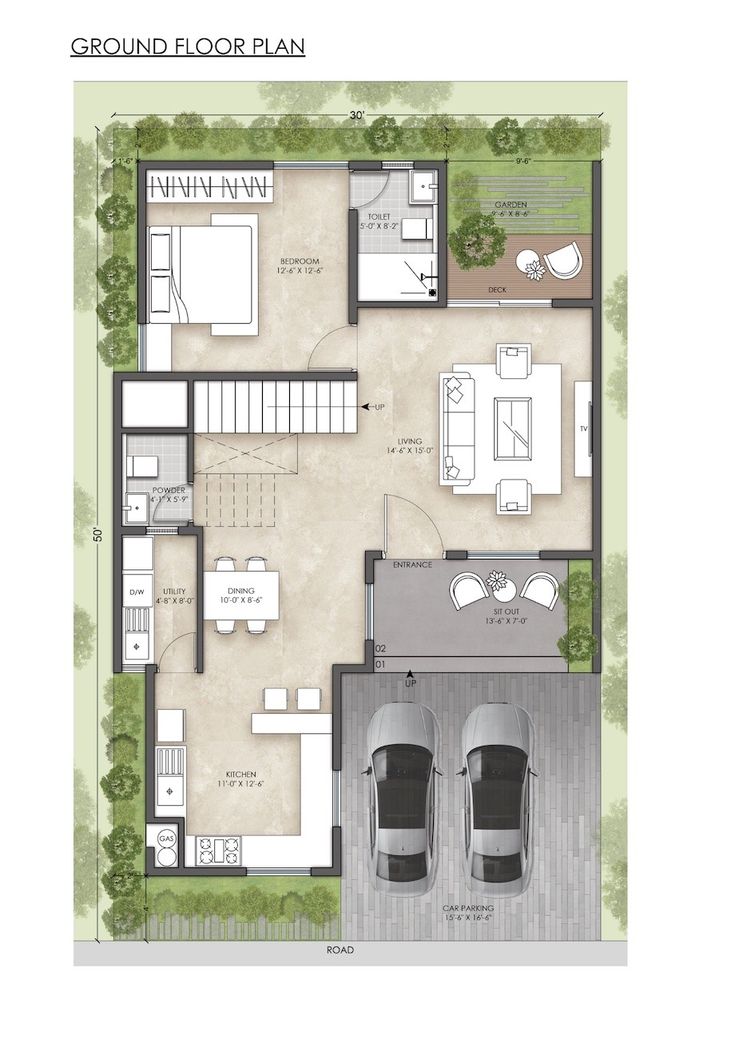 the ground plan for a house with two cars parked in front of it and an open floor