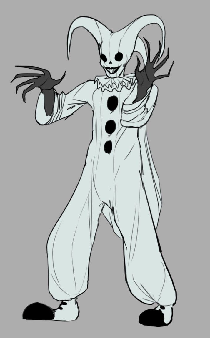 a drawing of a creepy clown with his arms spread out and hands extended in the air