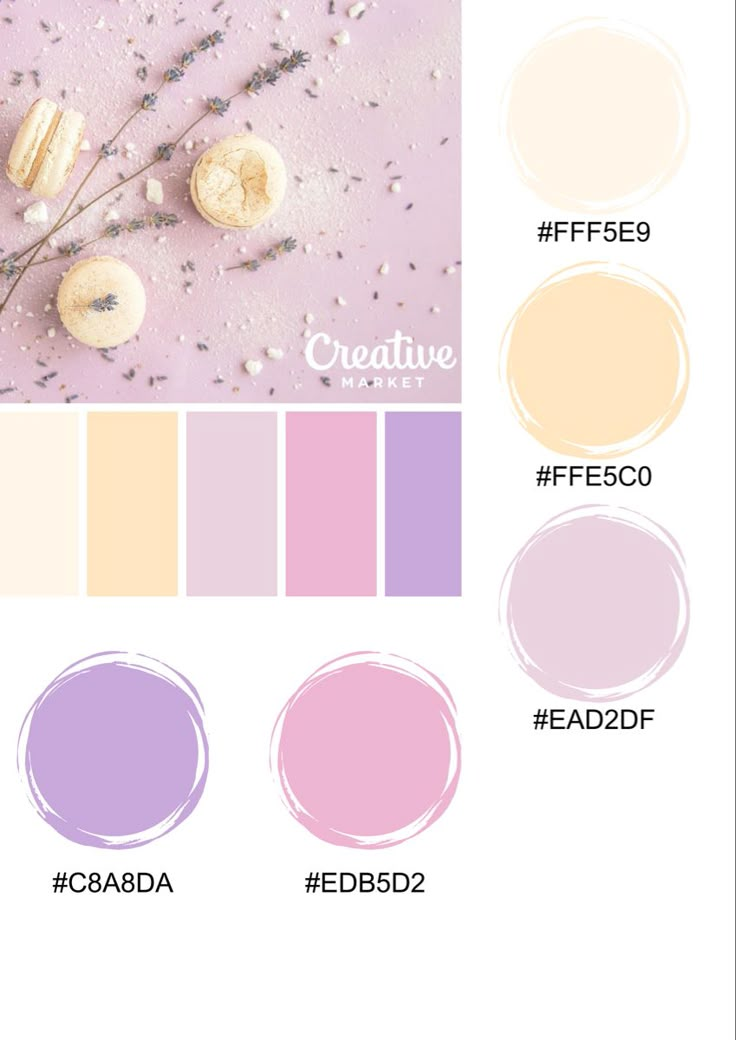 the color palette is shown in shades of pink, yellow and purple with text that reads creative