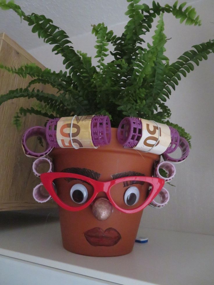 a potted plant with glasses on top of it and a face drawn on the side