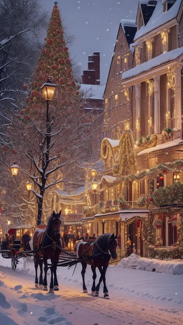 two horses pulling a sleigh down a snowy street