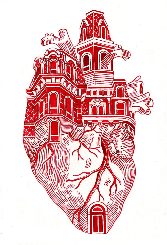 a drawing of a heart with buildings on it