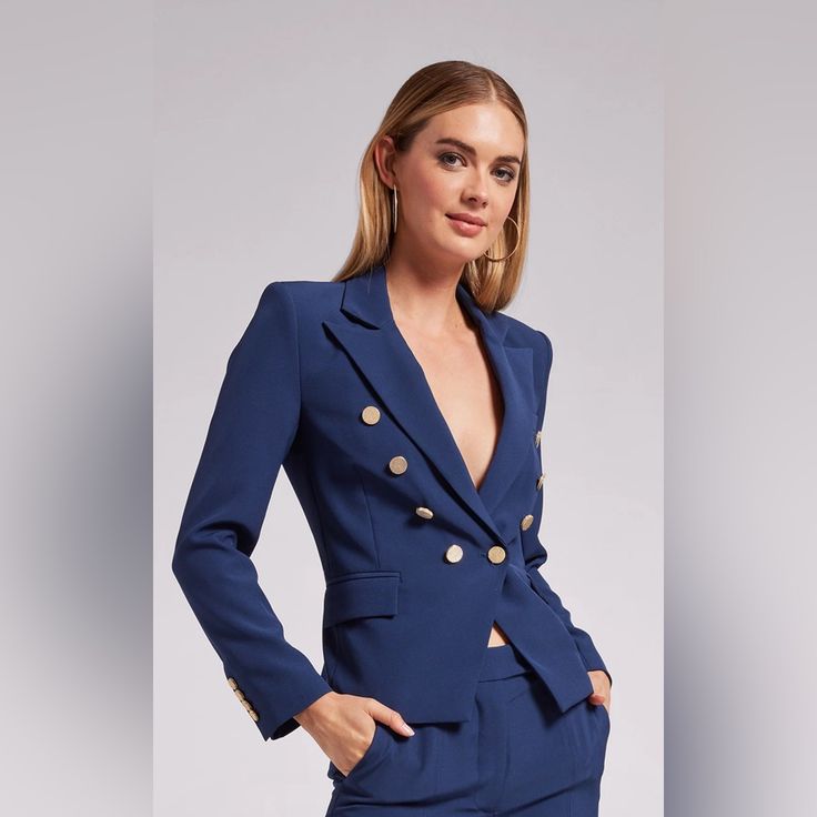 Meet Your New Favorite Blazer. Crafted With Crisp Crepe, Chic Gold Buttons And A Timeless Double-Breasted Design, The Amelia Is A Classic Piece That's A Must-Have For Any Day Of The Week. Style With A Button-Up And Slacks For The Office Or A Cropped Tee And Jeans For Brunch. Product Fit & Details 95% Polyester, 5% Spandex Professional Dry Clean True To Size Length: 22 1/8", Sleeve Length: 23" Crepe Blazer, Fit Details, Cropped Tee, Colored Blazer, Gold Buttons, Crop Tee, Suit Jackets, Blazer Suit, Double Breasted