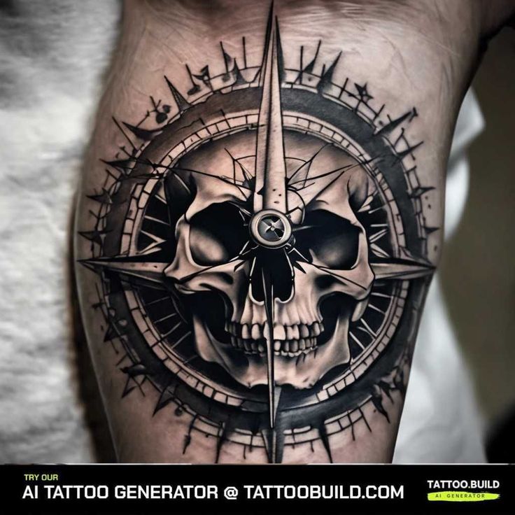 a tattoo with a skull and compass on it