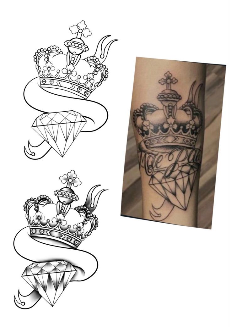 some tattoos that are on the arm and one has a crown with two diamonds in it