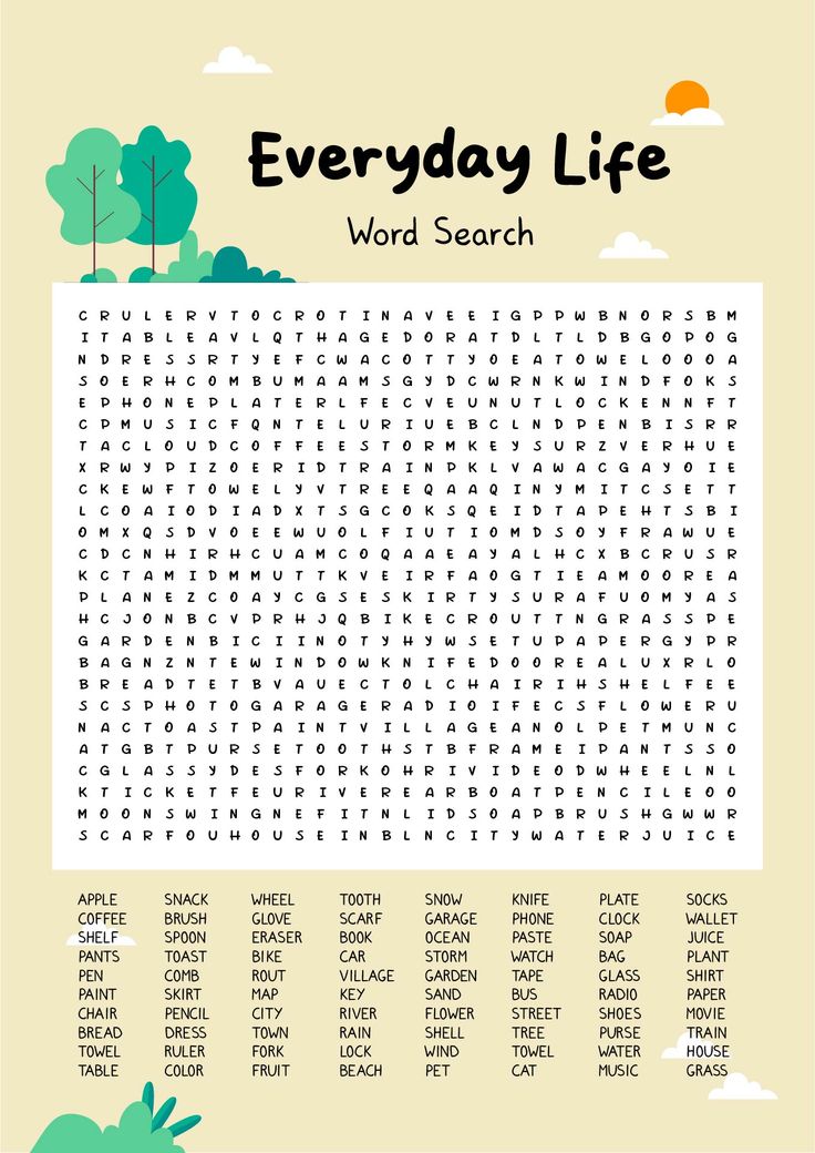 the word search for every day life with trees and clouds in the background, as well as