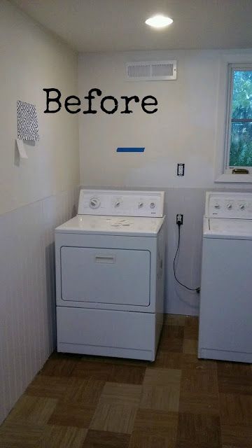 a washer and dryer in a small room with the words before written on the wall