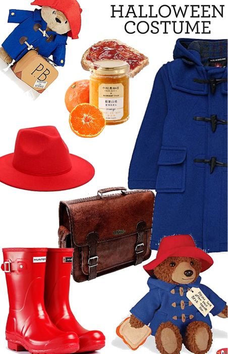 there is a teddy bear, red hat, blue coat and boots on this page