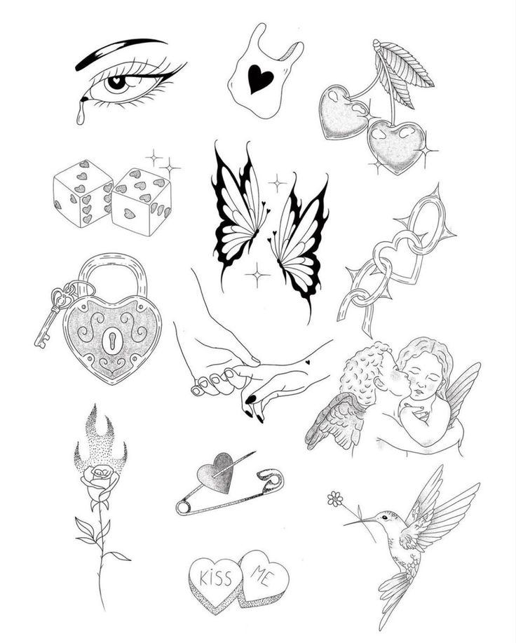 a drawing of many different tattoos on a white background with hearts, flowers and other things