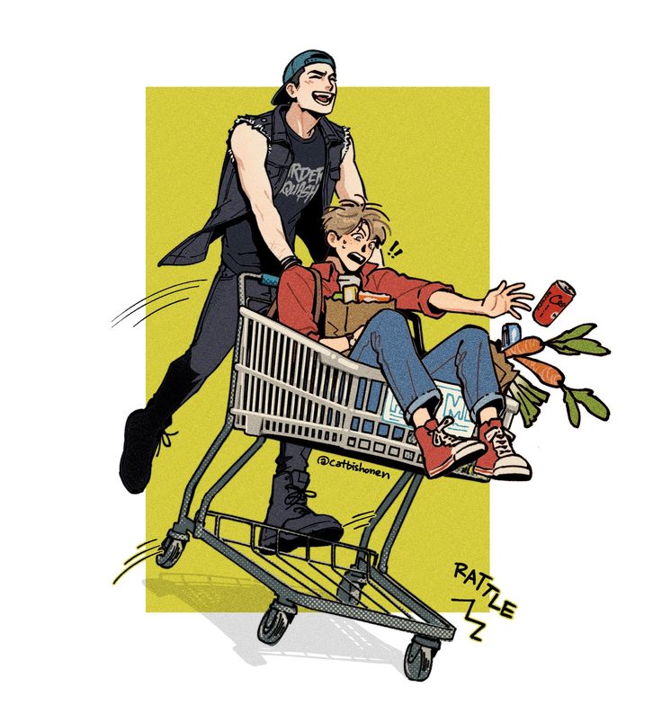 an image of a man pushing a boy in a shopping cart with flowers on it