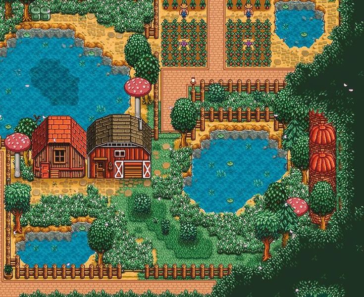 a map of a farm with lots of water and trees