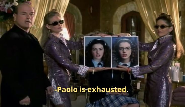 three people standing next to each other in front of a photo with the caption'paco isexhausted '