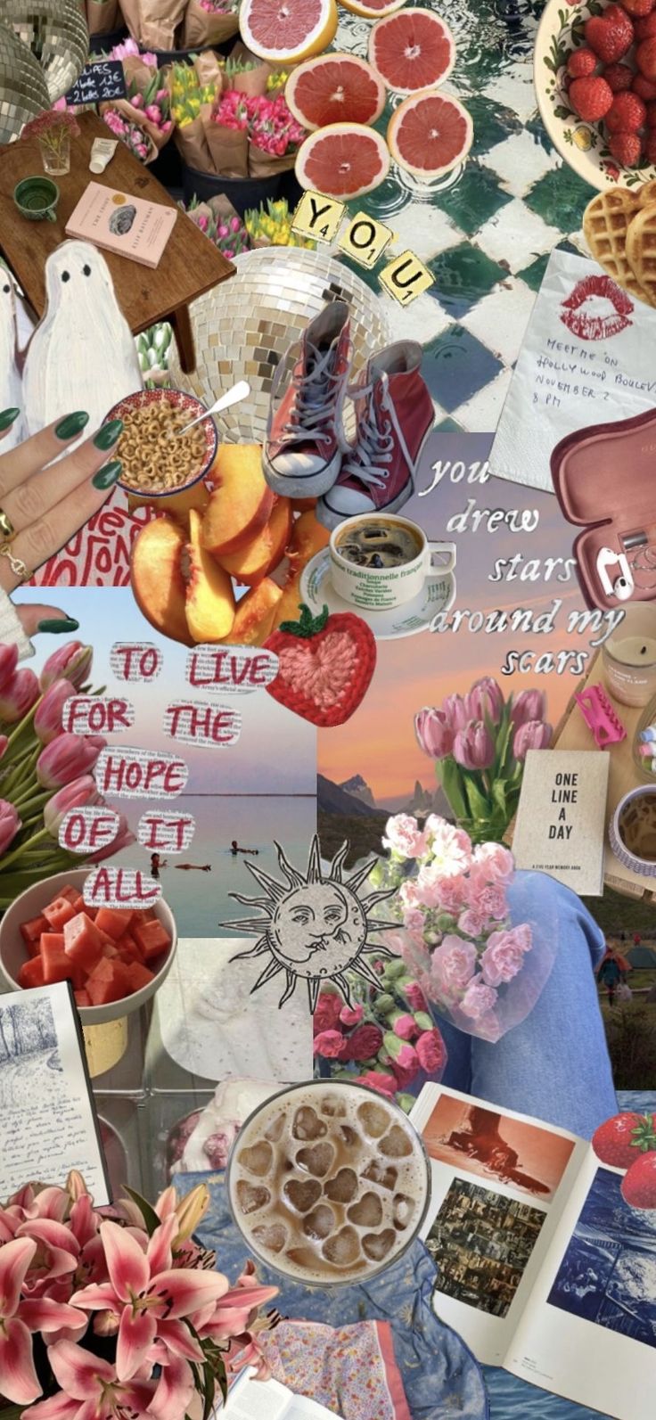 a collage of food, flowers and pictures