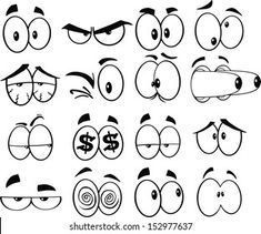 cartoon eyes with different expressions and facial expressions, set of twelve faces in black and white