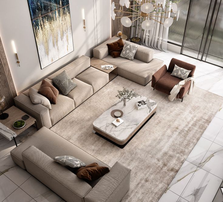 a living room with couches and tables in it